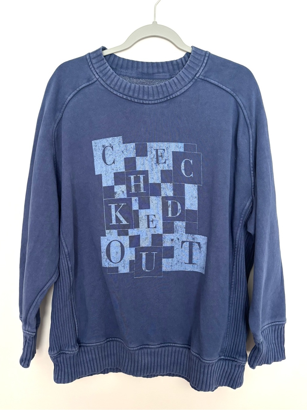 aerie Navy Blue Checked Out Graphic Crewneck Sweatshirt Size Small